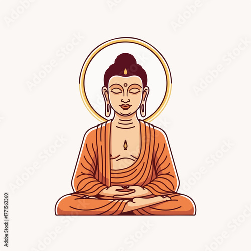 Buddha illustration featuring minimalist design and serene facial expression. Buddha embodies spiritual enlightenment, representing meditative posture and simple lines.