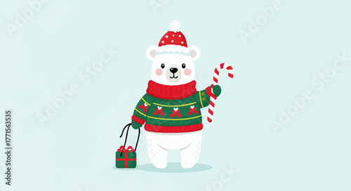 Cartoon polar bear wearing a Christmas sweater and hat, holding a candy cane and pulling a gift box.