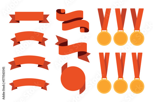 Collection of red ribbons and gold medals on red ribbons