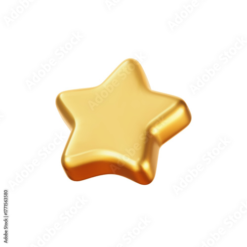 3D golden star icon isolated on white background. Realistic yellow metal pentagram element for review, award, badge, luxury gift, premium trophy or customer feedback. Glossy vector decoration design