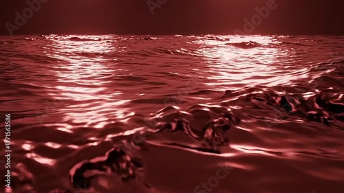 Crimson waves glisten under a dark, moody sky, reflecting an ethereal glow.