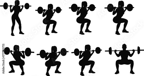 Barbell squat exercise, fitness training silhouette, gym workout posture, strength training movement, bodybuilding squat form, athletic performance, lower body workout, health