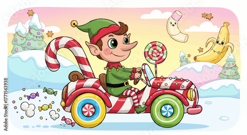 A cheerful cartoon elf drives a candy cane car through a snowy landscape with candy and banana characters floating in the air.