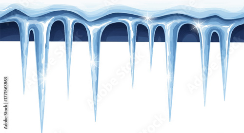Close-up of icicles hanging from a dark blue ledge against a white background with a cinematic lighting effect and cool tones.
