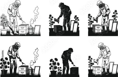 Beekeeper, apiary, honey harvesting, protective suit, smoker, hive inspection, beekeeping tools, rural farm, pollination, nature, agriculture, insect care, vector illustration