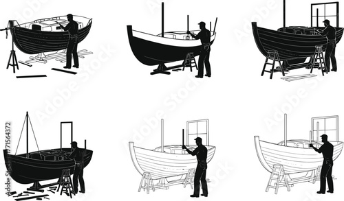 Boatbuilding vector illustration, woodworking process, traditional craftsmanship, restoration scene, manual labor, nautical construction, silhouette workers, hand tools, marine repair, hull shaping