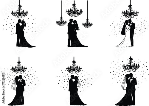 Bride groom kissing under chandelier in six romantic vector styles, silhouette illustration, wedding celebration, elegant embrace, confetti, love scene, black and white