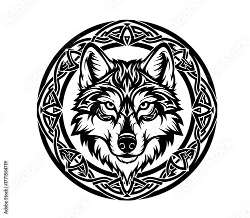 A symmetrical, black-ink illustration captures a detailed wolf's face staring forward, perfectly centered within a complex, interlocking Celtic knotwork ring.