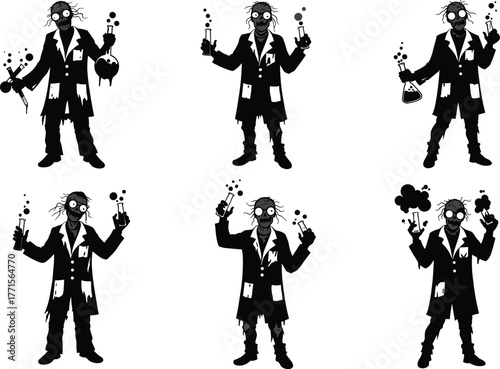 Cartoon zombie scientist holding chemical flasks, mad undead chemist experiment illustration, spooky laboratory vector art, horror Halloween science theme, isolated white background design