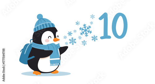 Cartoon penguin wearing a hat, scarf, and backpack blows snowflakes next to the number ten.