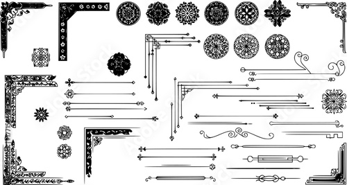 Traditional asian decorations. Korean frame borders, corners and dividers. Geometric stamp ornament, oriental line vector set
