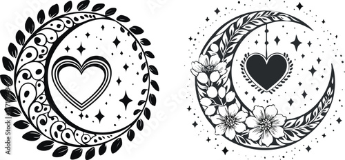 Boho spiritual floral moon and heart botanical design