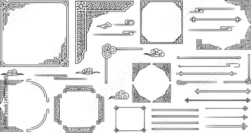 Traditional asian decorations. Korean frame borders, corners and dividers. Geometric stamp ornament, oriental line vector set

