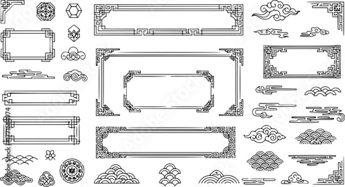 Traditional asian decorations. Korean frame borders, corners and dividers. Geometric stamp ornament, oriental line vector set
