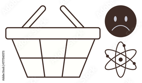 Empty shopping basket, sad face, and atomic structure combination visualizing emotional, scientific, and consumption concepts. Ideal for shopping, science, emotions, scarcity economy education