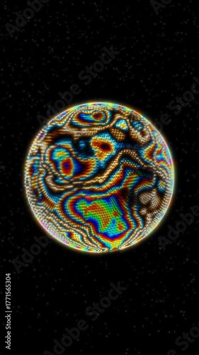 A bright, patterned planet orbits in a starry night sky.