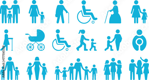 Family and Relationship Silhouette Icon Set – Couple, Parent, Child, Elderly, Pregnancy, Single Mother, Parenting, Community, Social Care, Vector Icons