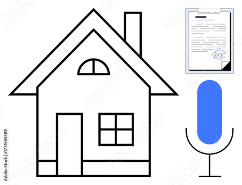 House with chimney, clipboard with signed paper, and voice assistant icon. Ideal for technology, smart home, real estate, voice recognition, e-signature, documentation simple flat metaphor