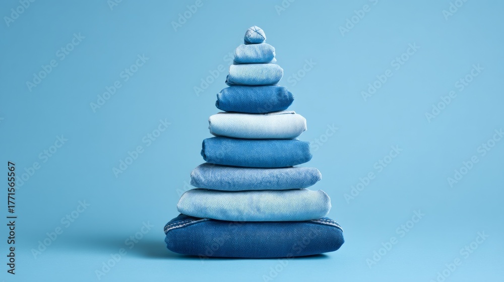 Obraz premium A striking tree formation made entirely of stacked denim jeans showcases an innovative take on holiday decor. Each layer features varying shades of blue, creating a stylish and playful centerpiece