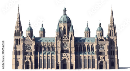 Gothic cathedral with multiple spires and domes against a white background, showcasing architectural details and stone facade in a neutral color palette.