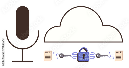 Microphone beside cloud connected to locked binary files symbolizing secure data transfer. Ideal for technology, cybersecurity, voice recognition, data protection, cloud storage, audio processing