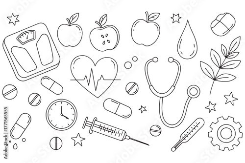 Health and wellness icons isolated on white background a collection of symbols representing healthy living, medicine, and wellbeing in line art style