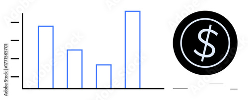 Minimalist bar chart representing financial data and dollar sign highlighting monetary growth. Ideal for finance, economy, business, analysis, investment, corporate strategy, banking. Clean