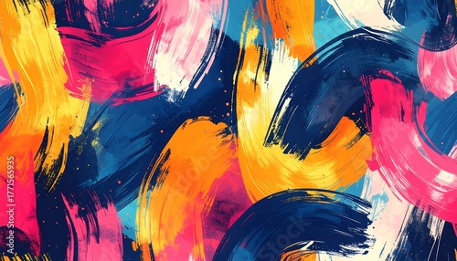 Dynamic, vibrant abstract painting. Features layered brushstrokes of varied sizes and colors yellow, pink, orange, and blue