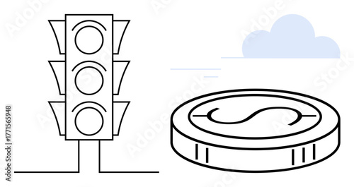 Traffic lights alongside a coin and clouds represent decision-making, economy, wealth, financial planning, sustainability, opportunity, and balance. Ideal for guidance, business savings concepts