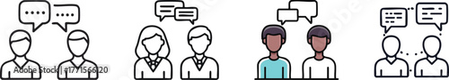 Bold black line art icon of two people collaborating and exchanging ideas