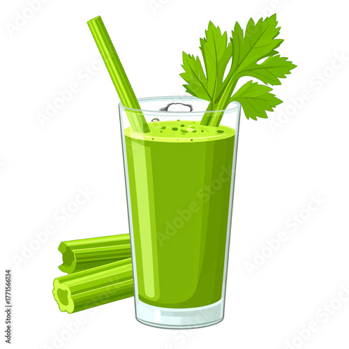 Celery Juice in Glass with Straw and Vegetable Stalks Still Life on White