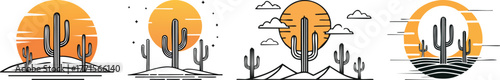 Bold black line art desert sun and cactus scene