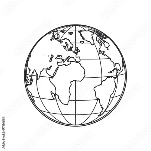 Monochrome Globe Featuring Outlined Continents and Longitudinal Lines on White Background Stock Illustration for Adobe
