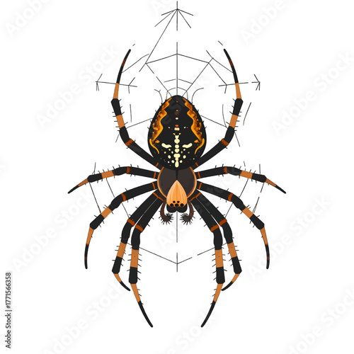 Pixelated Illustration of an Orb Weaver Spider with Orange and Black Markings on a White Background