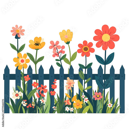 Assorted Colorful Flowers Behind a Dark Blue Wooden Fence in a White Background Illustration
