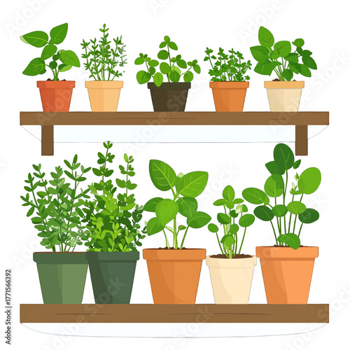 Botanical Herb Plants in Pots on Shelves Illustration with Green Foliage and Brown Toned Decorative Background