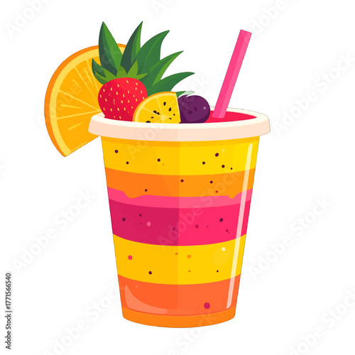 Colorful Layered Smoothie in Plastic Cup with Orange Slice and Straw Isolated on White