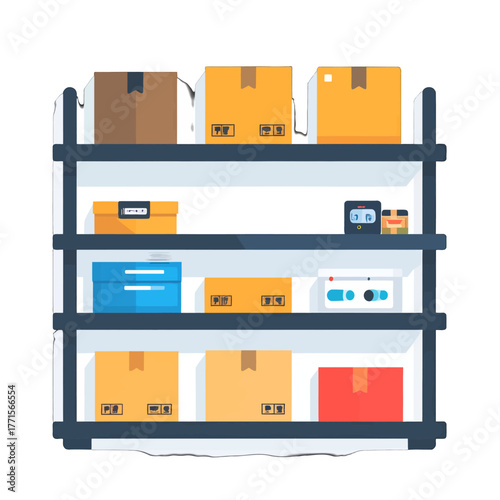 Shelving Unit with Various Boxes and Items on a White Background