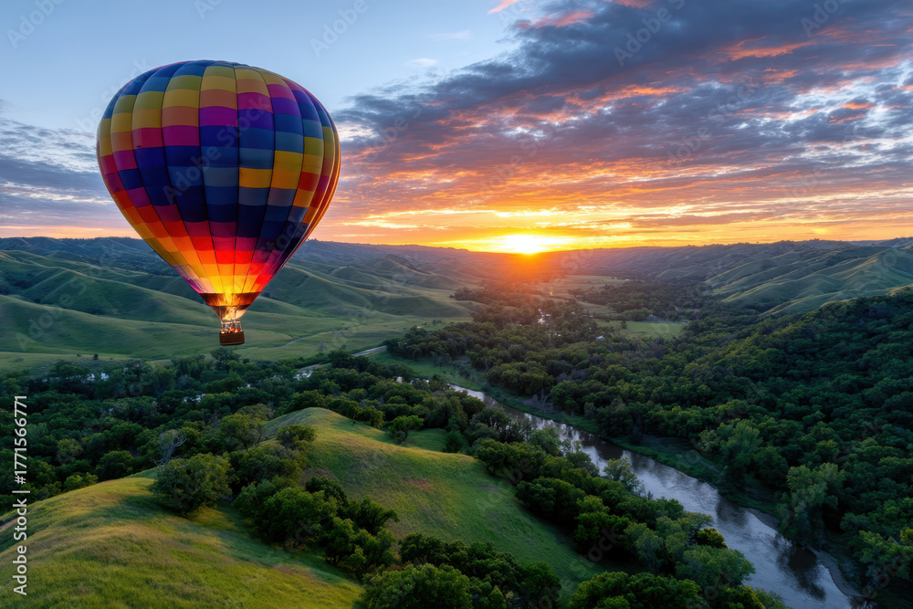 Obraz premium Colorful hot air balloon floats over lush green hills at sunrise in serene landscape
