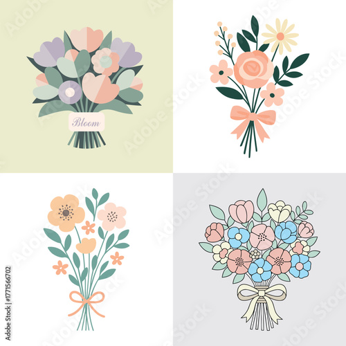 Elegant Floral Bouquet Vector Set — Pastel Color Flower Arrangements with Ribbons and Leaves