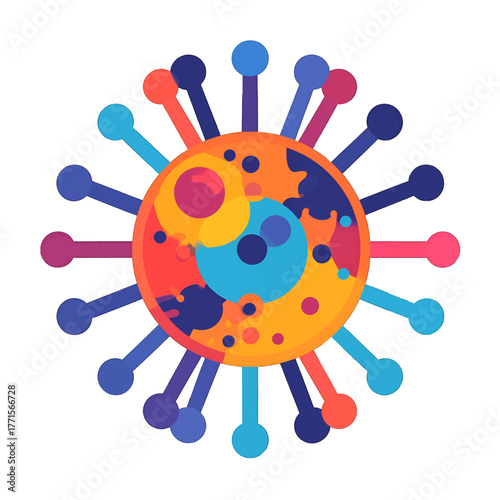 Colorful Round Microbe Illustration with Viral Spikes on White Background