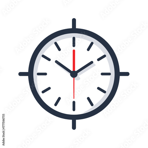 Round Clock with Blue Frame Showing Time with Red Second Hand on White Background