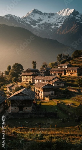 Picturesque mountain village in nepal with snow capped peaks.