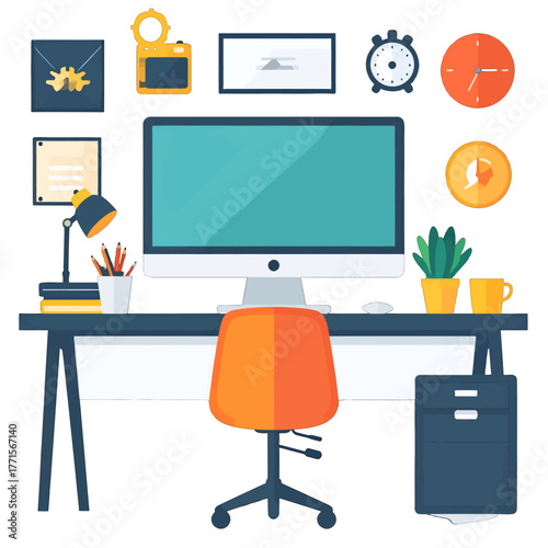 Workspace Setup with Blue Screen Computer on Table and Orange Chair Underneath Surrounded by Office Objects on White Background