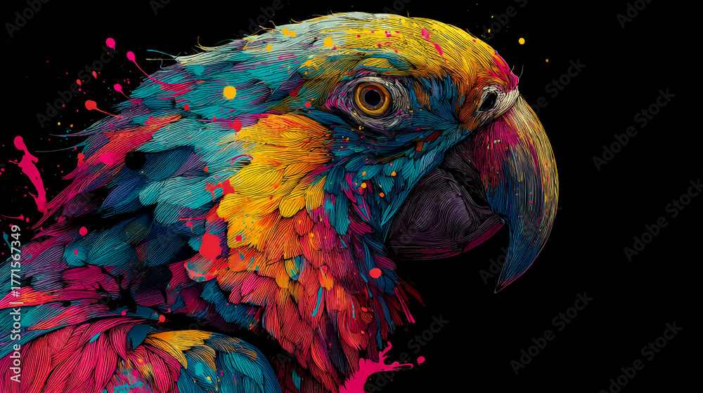 Obraz premium A colorful parrot with paint splashes on a black background