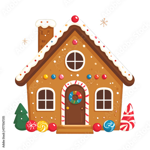Detailed Brown Gingerbread House with Festive Candy Decorations on White Background