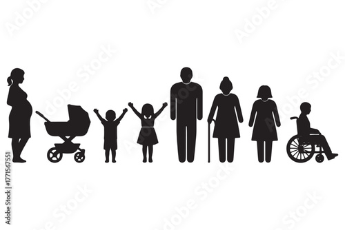 Silhouette of diverse people representing different life stages isolated on white background, from pregnancy to old age and disability, showing human development
