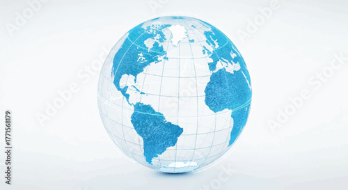 A blue and white globe with a grid pattern sits on a plain white background, showcasing a classic representation of Earth.