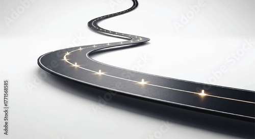 Curved road with glowing white lines on a dark surface against a plain white background with subtle shadows.