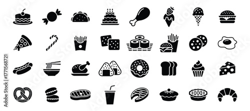 Set of black and white food icons for menu design and restaurant promotion